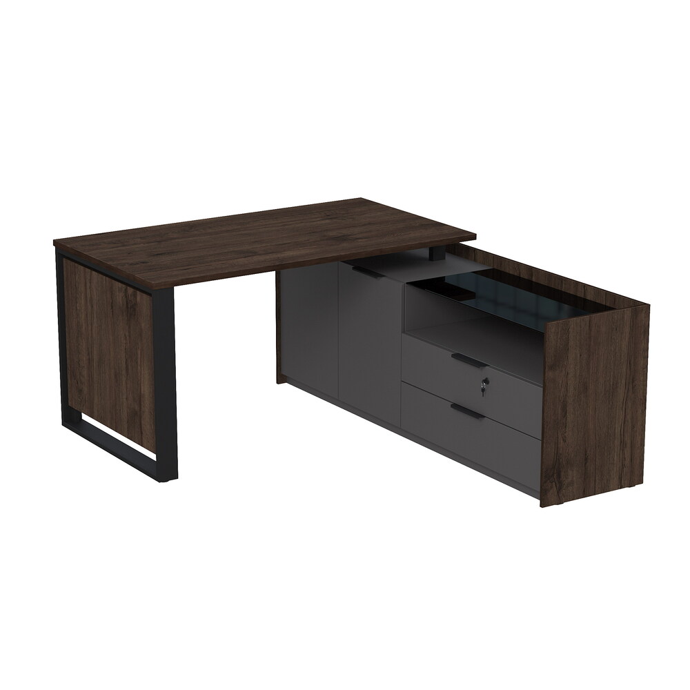 Стол рабочий на опорной двусоставной тумбе, с ящиками (метабокс), с замком