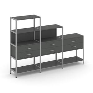 Трехсекционный стеллаж четырех/трех/двухярусный с ящиками