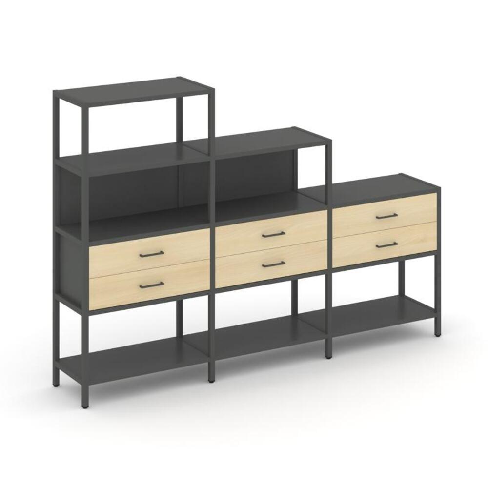 Трехсекционный стеллаж четырех/трех/двухярусный с ящиками