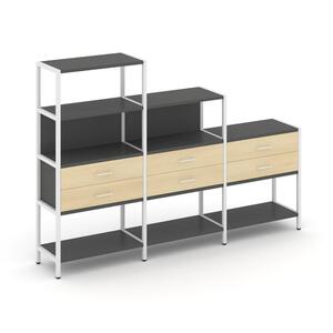 Трехсекционный стеллаж четырех/трех/двухярусный с ящиками