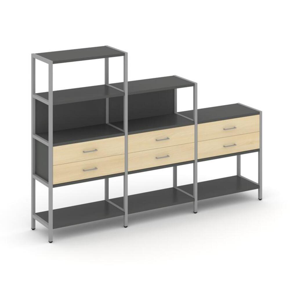 Трехсекционный стеллаж четырех/трех/двухярусный с ящиками