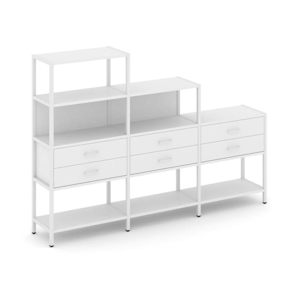 Трехсекционный стеллаж четырех/трех/двухярусный с ящиками