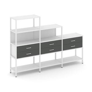 Трехсекционный стеллаж четырех/трех/двухярусный с ящиками