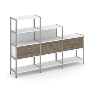 Трехсекционный стеллаж четырех/трех/двухярусный с ящиками