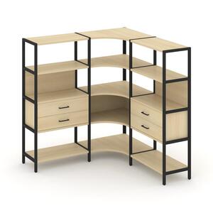 Трехсекционный угловой стеллаж четырехярусный с ящиками