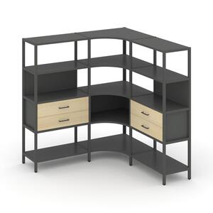 Трехсекционный угловой стеллаж четырехярусный с ящиками