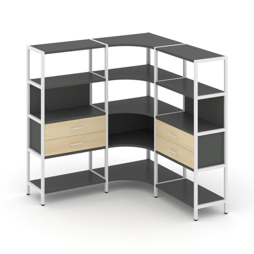 Трехсекционный угловой стеллаж четырехярусный с ящиками