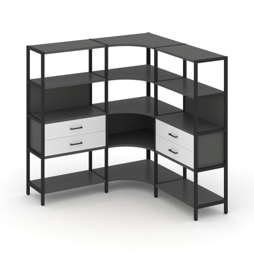 Трехсекционный угловой стеллаж четырехярусный с ящиками