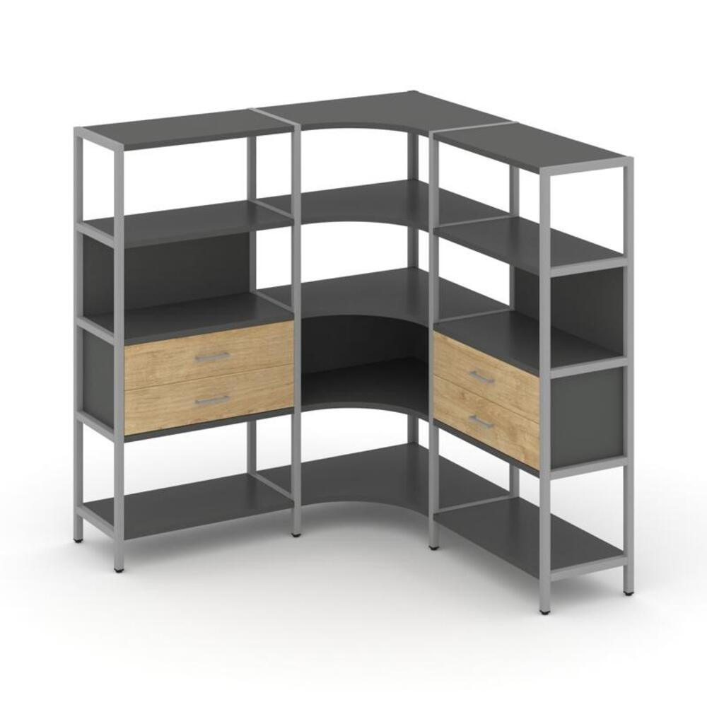 Трехсекционный угловой стеллаж четырехярусный с ящиками