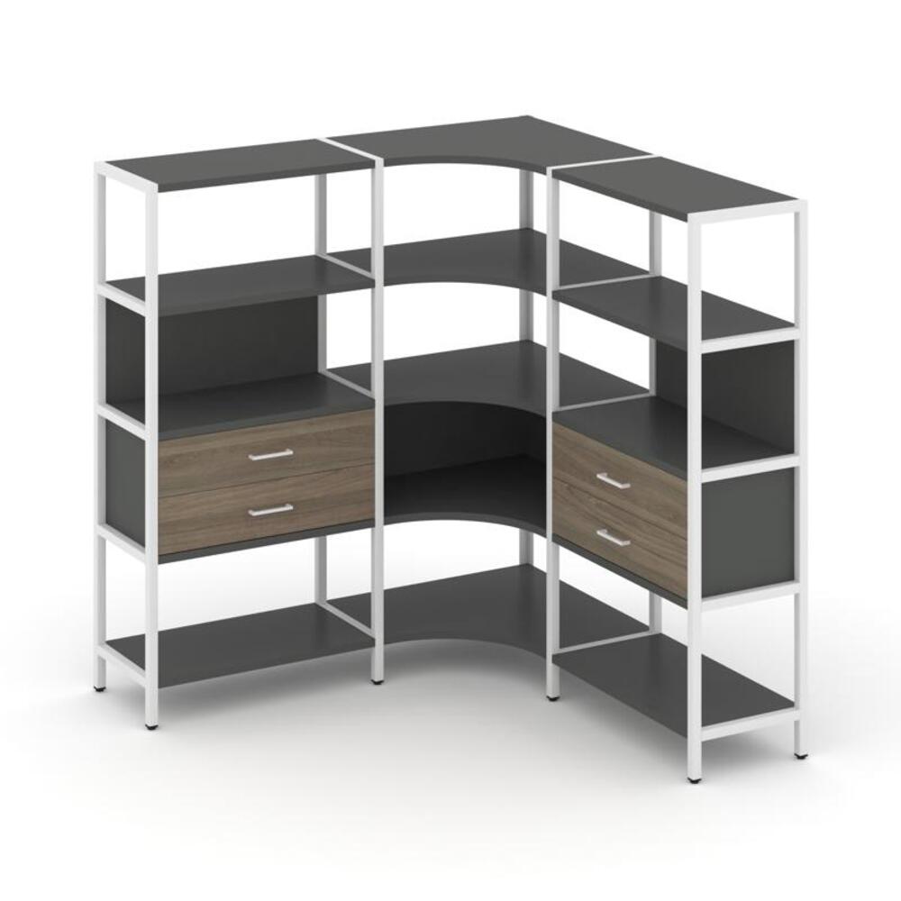 Трехсекционный угловой стеллаж четырехярусный с ящиками