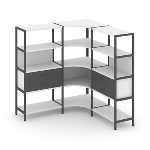 Трехсекционный угловой стеллаж четырехярусный с ящиками