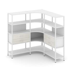 Трехсекционный угловой стеллаж четырехярусный с ящиками
