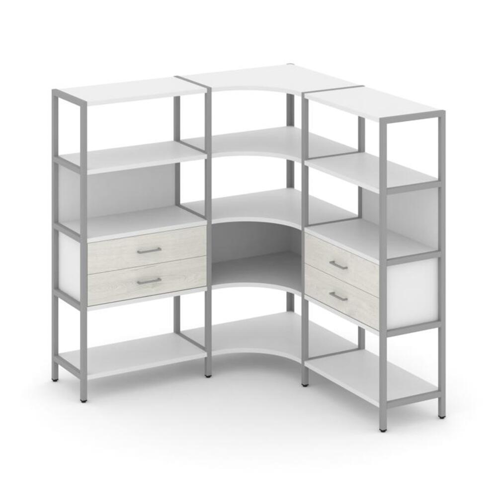 Трехсекционный угловой стеллаж четырехярусный с ящиками