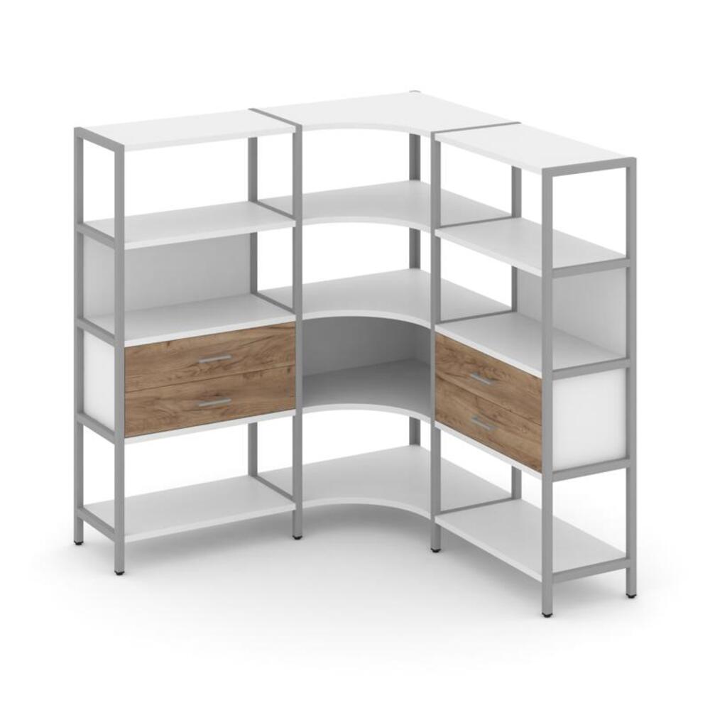 Трехсекционный угловой стеллаж четырехярусный с ящиками