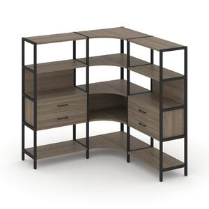 Трехсекционный угловой стеллаж четырехярусный с ящиками
