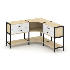 Трехсекционный угловой стеллаж двухярусный с ящиками