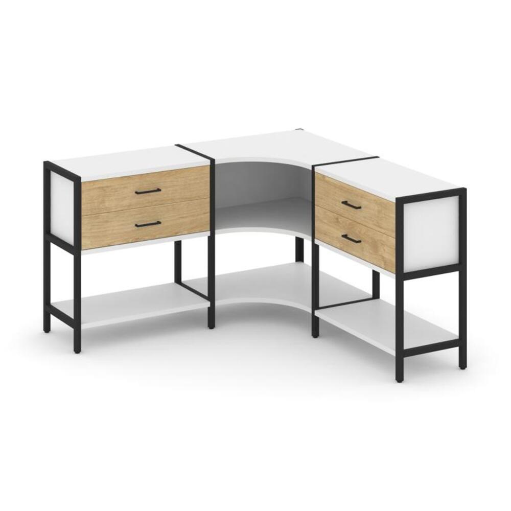 Трехсекционный угловой стеллаж двухярусный с ящиками