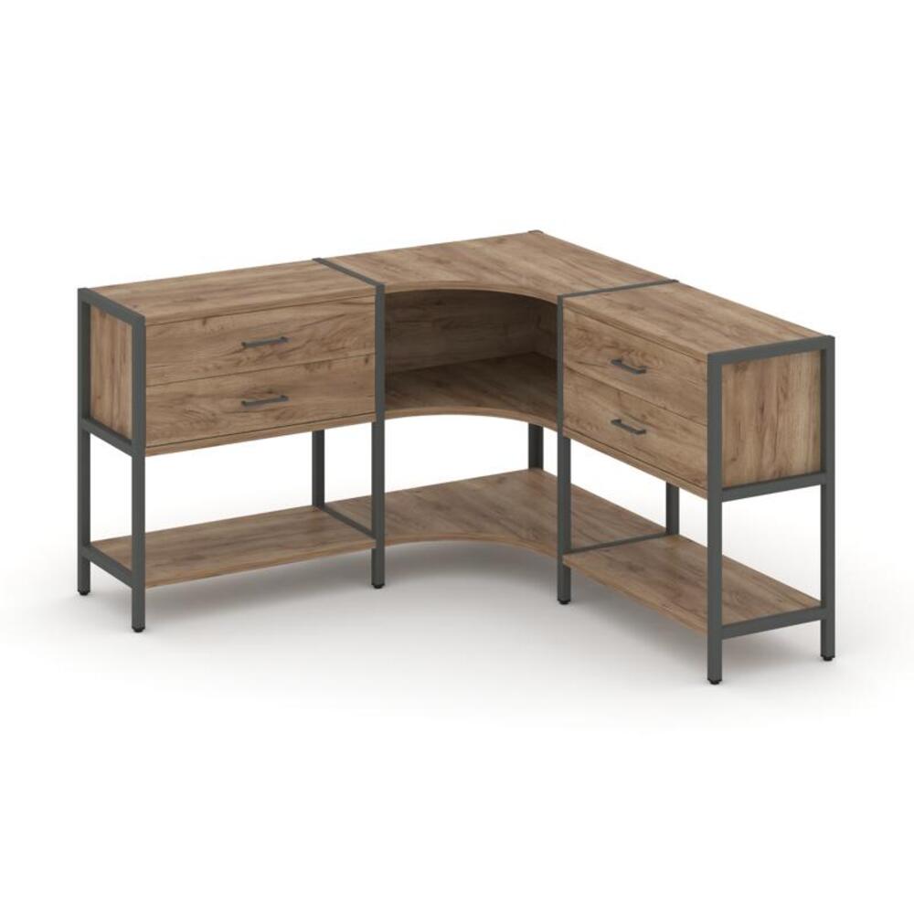 Трехсекционный угловой стеллаж двухярусный с ящиками