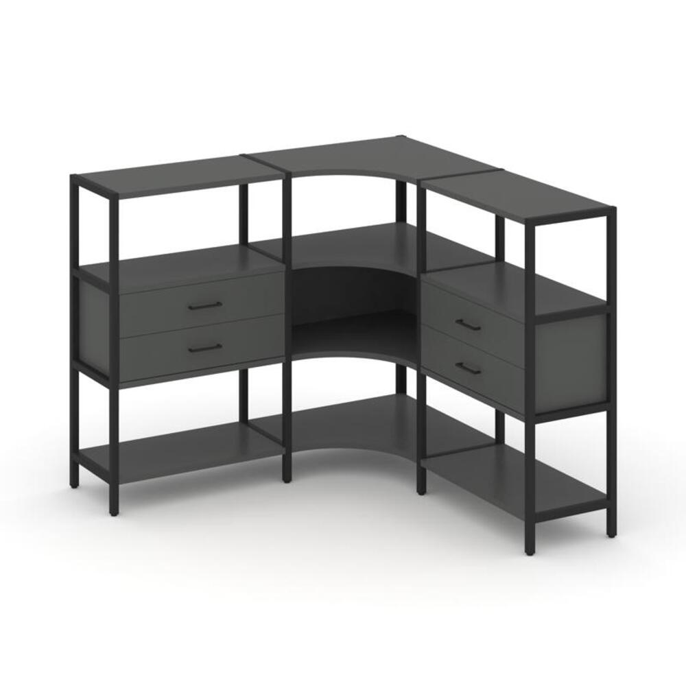 Трехсекционный угловой стеллаж трехярусный с ящиками