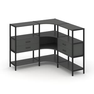 Трехсекционный угловой стеллаж трехярусный с ящиками