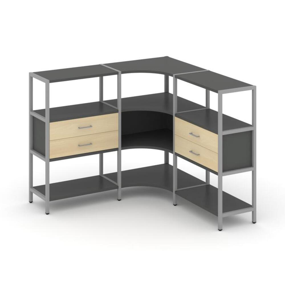 Трехсекционный угловой стеллаж трехярусный с ящиками