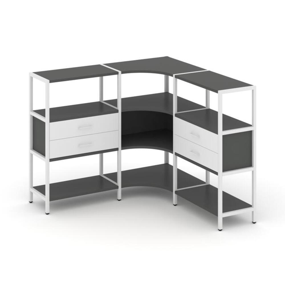 Трехсекционный угловой стеллаж трехярусный с ящиками