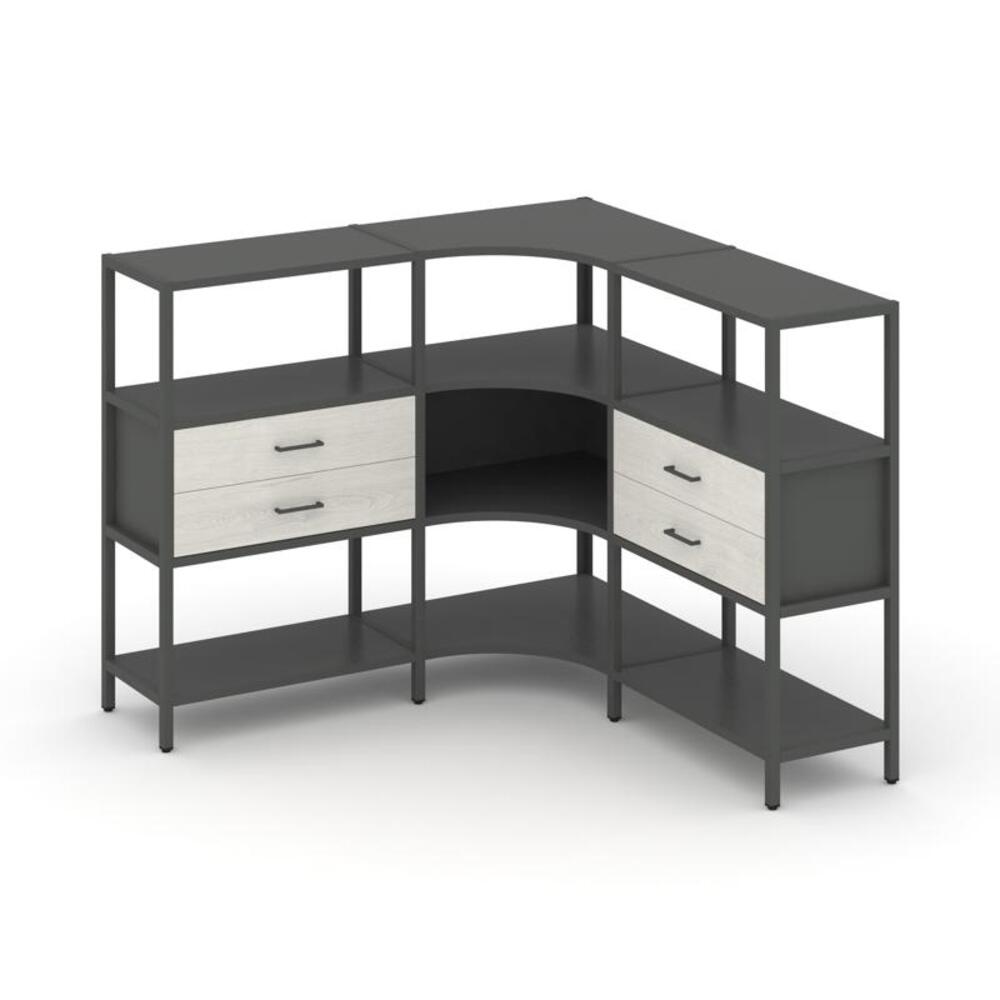 Трехсекционный угловой стеллаж трехярусный с ящиками