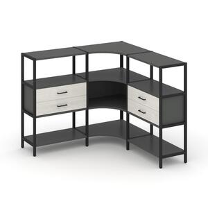 Трехсекционный угловой стеллаж трехярусный с ящиками