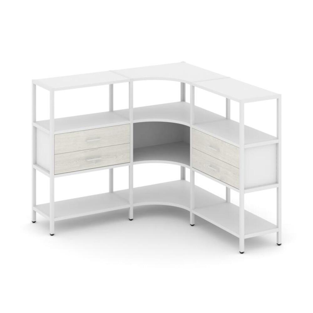 Трехсекционный угловой стеллаж трехярусный с ящиками