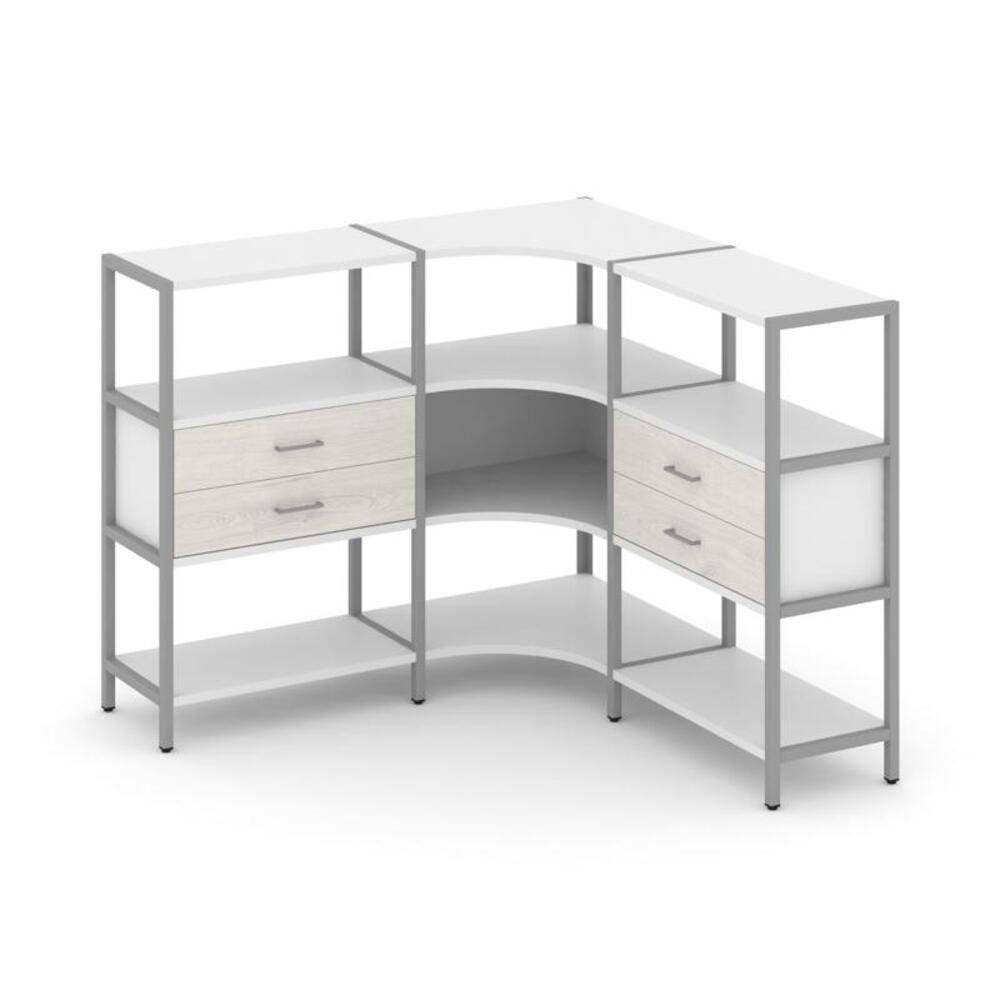 Трехсекционный угловой стеллаж трехярусный с ящиками