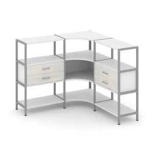 Трехсекционный угловой стеллаж трехярусный с ящиками