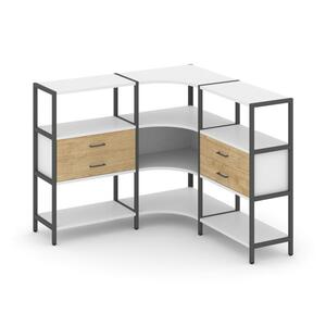 Трехсекционный угловой стеллаж трехярусный с ящиками