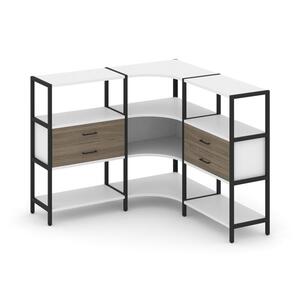 Трехсекционный угловой стеллаж трехярусный с ящиками