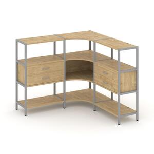 Трехсекционный угловой стеллаж трехярусный с ящиками